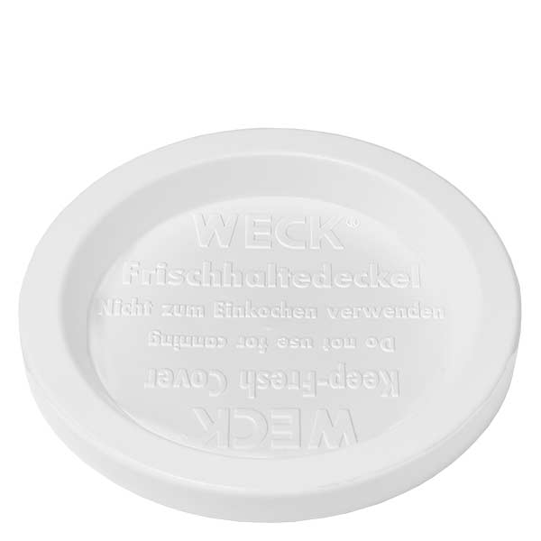 Kubki o pojemności 165 ml z pokrywką WECK RR80 Pokrywka WECK freshness RR80 biała do słoika cylindrycznego 1040 ml Szczegółowy widok spodu z wytłoczeniami i logo produktu