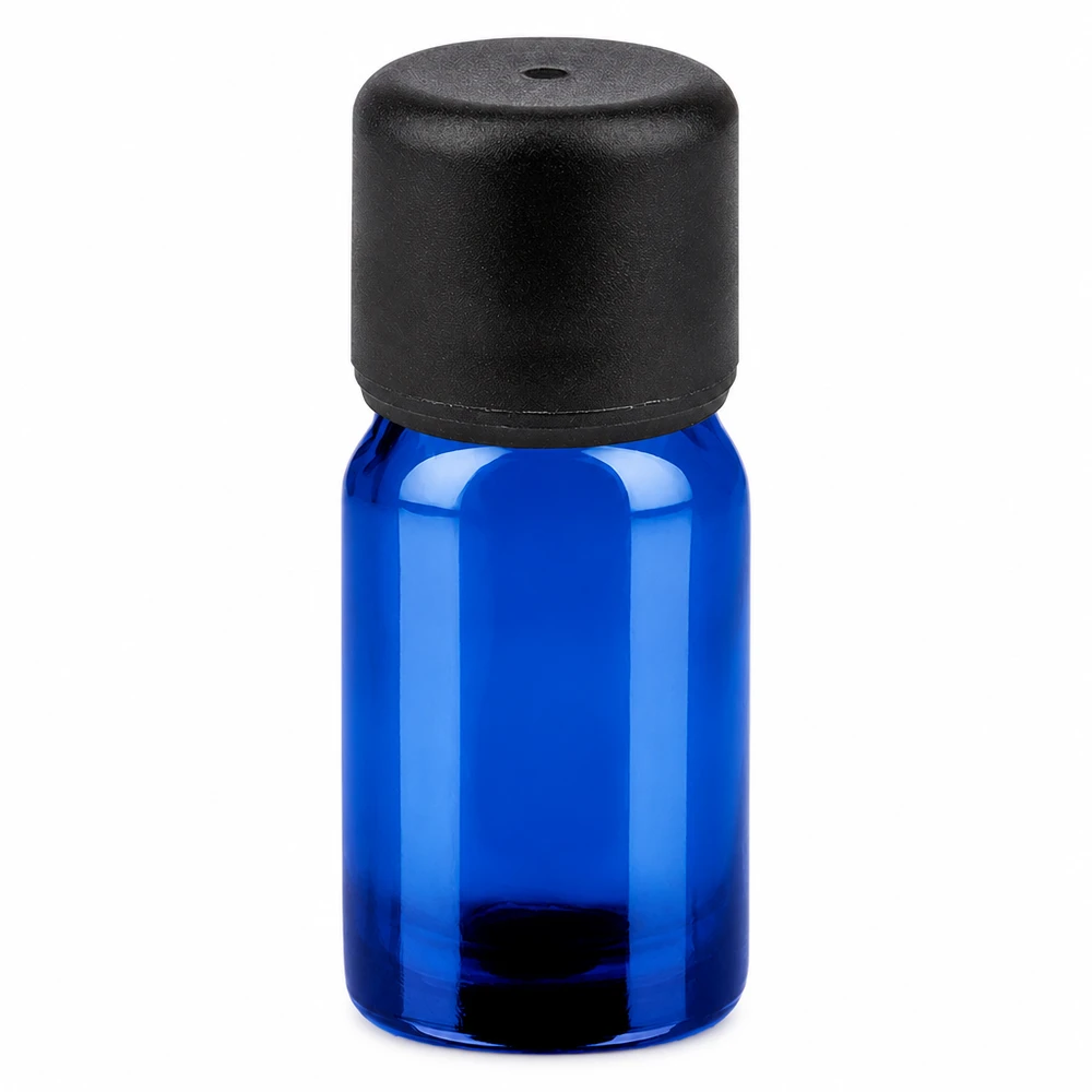 Butelka 5 ml 6 mm SV czarna STD BlueLine UT18/5 5 ml szklana butelka w kolorze niebieskim z czarną nakrętką do olejków eterycznych i aromaterapii