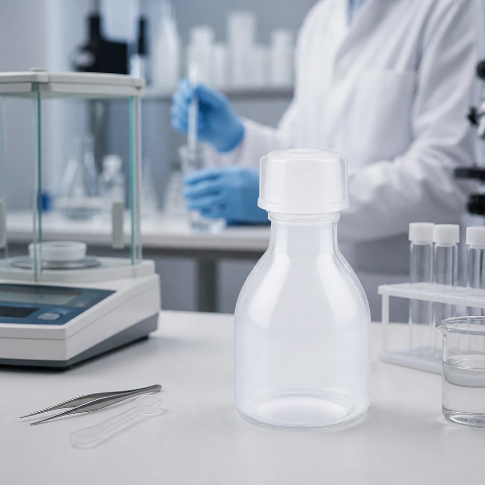 Butelka z wąską szyjką o pojemności 20 ml, z zakrętką, wykonana z przezroczystego tworzywa sztucznego, stojąca obok wagi precyzyjnej w laboratorium