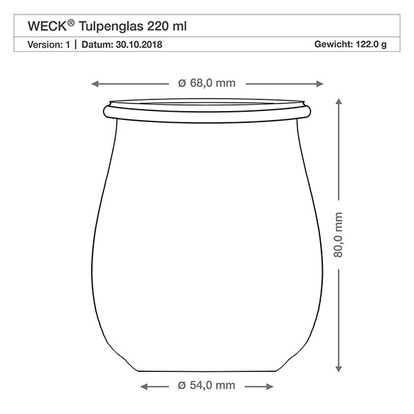 Mini słoik tulipanowy WECK 220 ml w komplecie z łyżeczką do miodu Rysunek techniczny słoika WECK tulipan 220ml o wymiarach 68mm średnicy, 80mm wysokości i wadze 122g