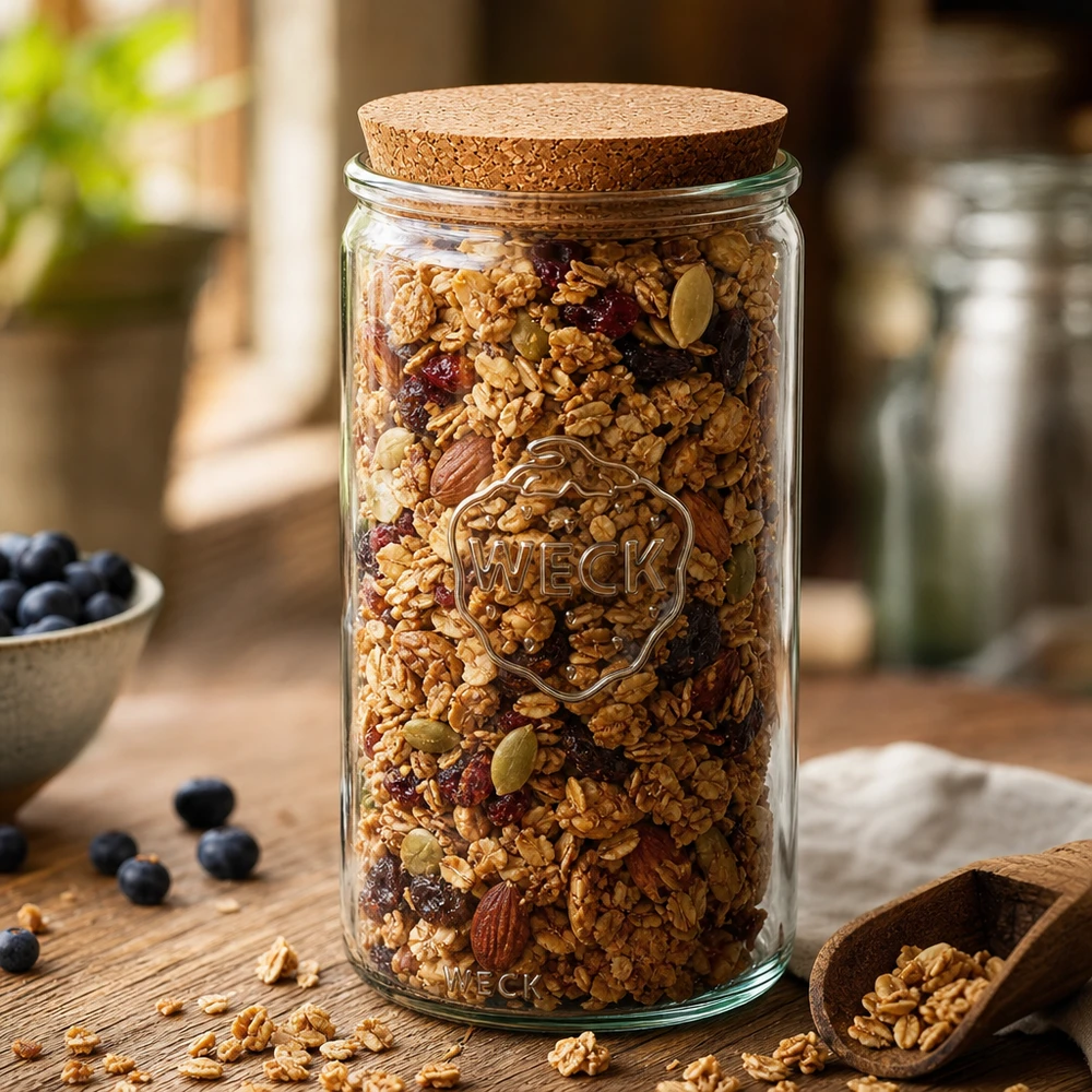WECK słoik do przechowywania 1590ml RR100 wypełniony musli, orzechami i suszonymi owocami korkowa pokrywka dekoracja kuchni