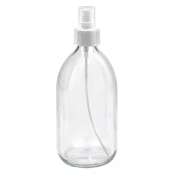 Butelka na lek 500 ml, przezroczysta, z białym rozpylaczem z pompką ApoGlas. Farmaceutyczna jakość produkcji UE. Gwint 28 mm (PP28). (syrop, butelka z lekkiego szkła) Butelka na lek 500 ml, przezroczysta, z białym rozpylaczem z pompką ApoGlas. Farmaceutyczna jakość produkcji UE. Gwint 28 mm (PP28). (syrop, butelka z lekkiego szkła)