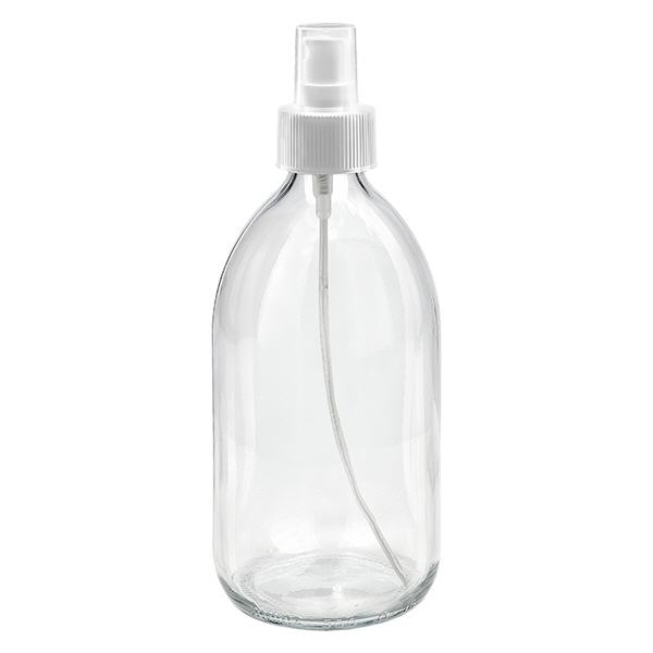 Butelka na lek 500 ml, przezroczysta, z białym rozpylaczem z pompką ApoGlas. Farmaceutyczna jakość produkcji UE. Gwint 28 mm (PP28). (syrop, butelka z lekkiego szkła) Butelka na lek 500 ml, przezroczysta, z białym rozpylaczem z pompką ApoGlas. Farmaceutyczna jakość produkcji UE. Gwint 28 mm (PP28). (syrop, butelka z lekkiego szkła)