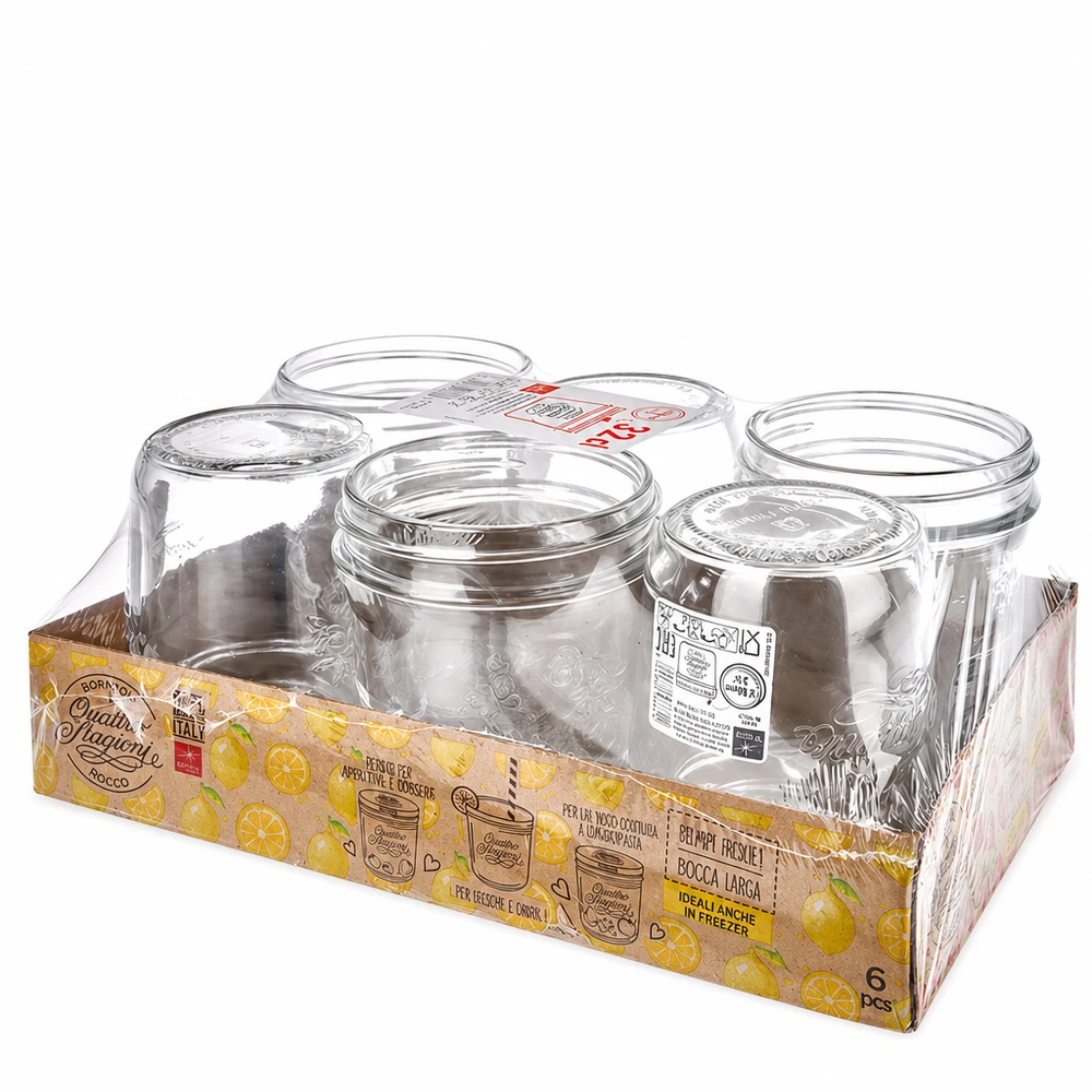Zestaw 6 szklanek Quattro Stagioni o pojemności 320 ml w opakowaniu handlowym z pokrywkami Zestaw słoików do przetworów Bormioli Rocco