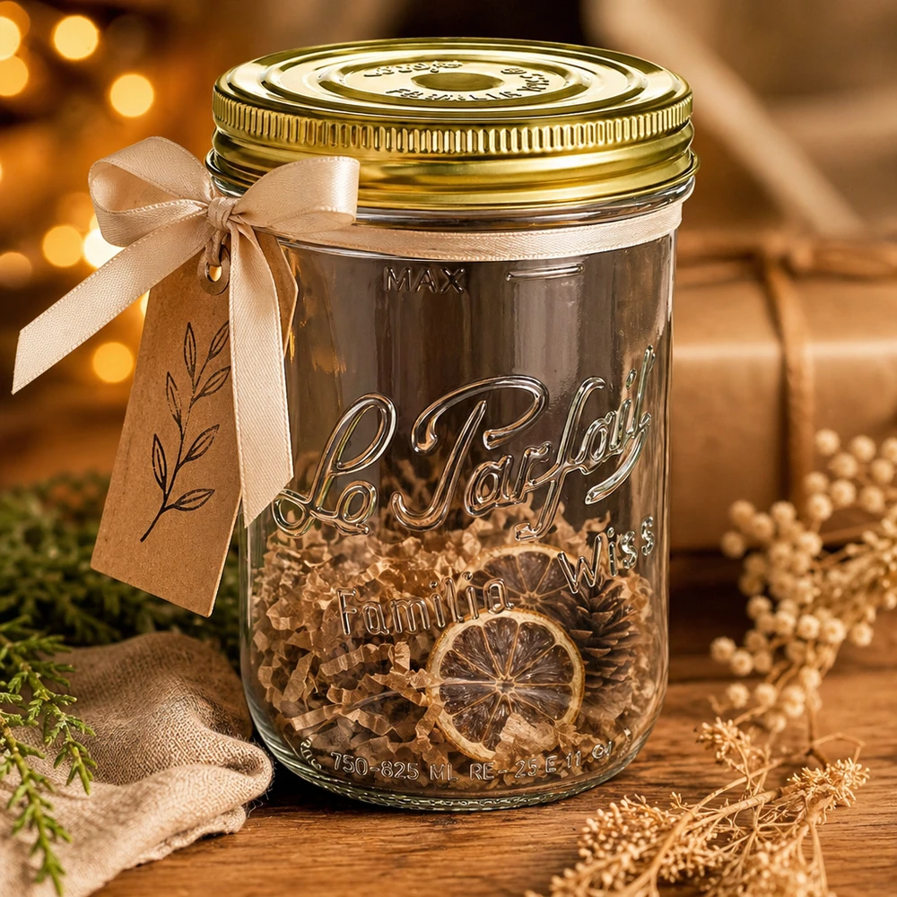 1020ml Sturzglas "Familia Wiss" 2-teiliges Deckelsystem Le P Kubki Familia Wiss o pojemności 1020 ml ze złotym wieczkiem i beżową kokardką wypełnione suszonymi plastrami cytrusów na drewnianym wieczku.