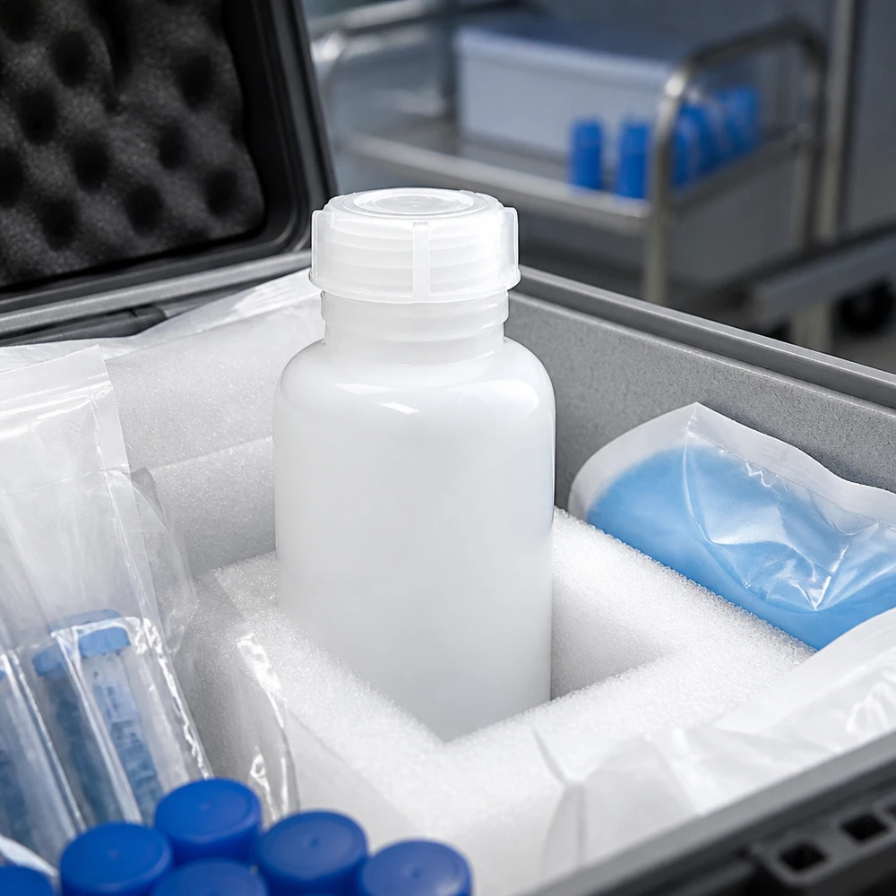 Butelka laboratoryjna 250 ml z szeroką szyjką i zakrętką Weißer 250ml Laborbehälter Weithals in Kältetransportverpackung für biologische Proben