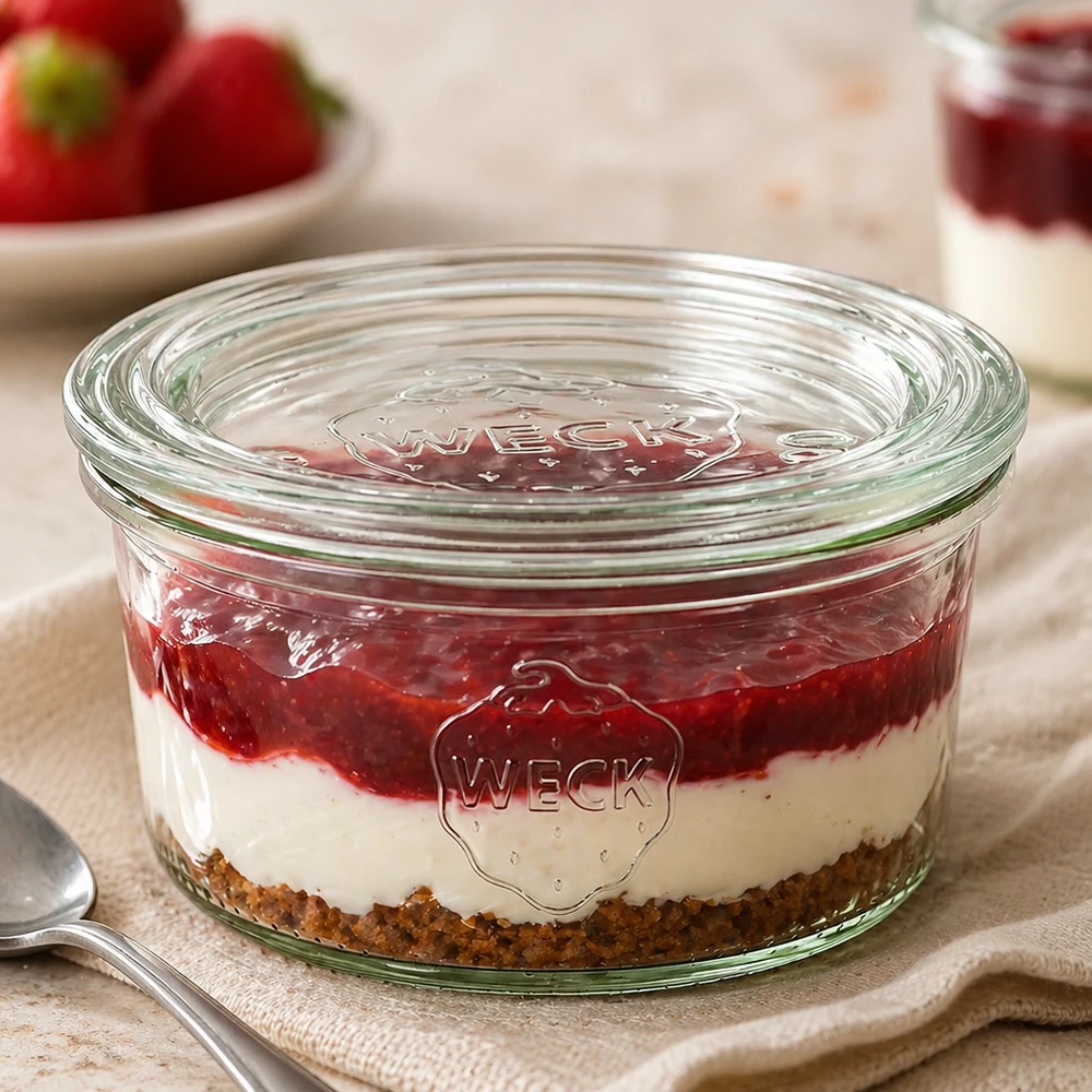 Kubki o pojemności 165 ml ze szklaną pokrywką WECK RR80 Kubki WECK 165 ml RR80 wypełnione warstwowym deserem pokazują wszechstronność deserów i porcjowania.
