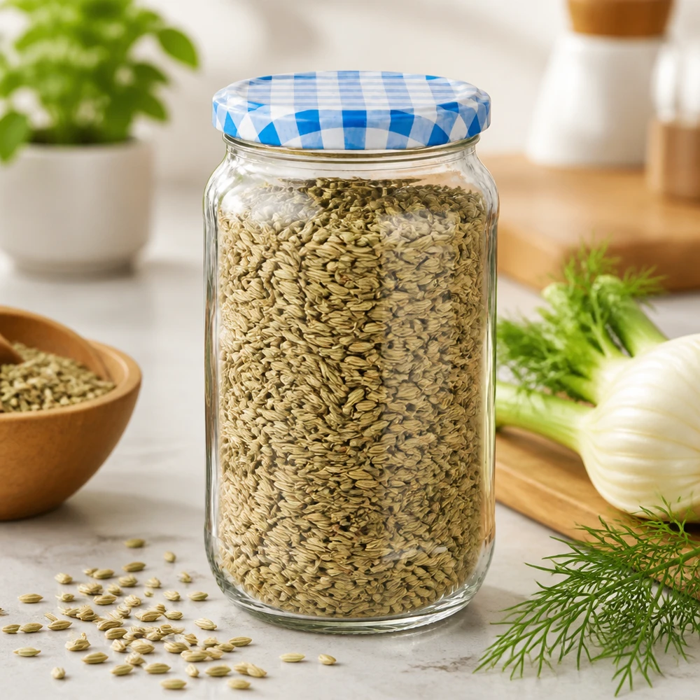 Okrągły słoik 1062 ml wypełniony nasionami kopru włoskiego, pokrywka BasicSeal w niebiesko-białą szachownicę, idealny do przechowywania przypraw w kuchni.