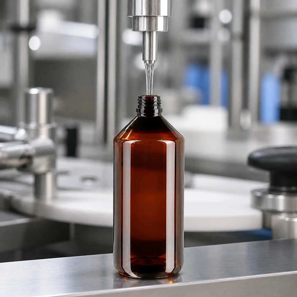 Linia rozlewnicza napełnia bursztynowe butelki PET o pojemności 1000 ml (typ PP28) na taśmie produkcyjnej ze stali nierdzewnej