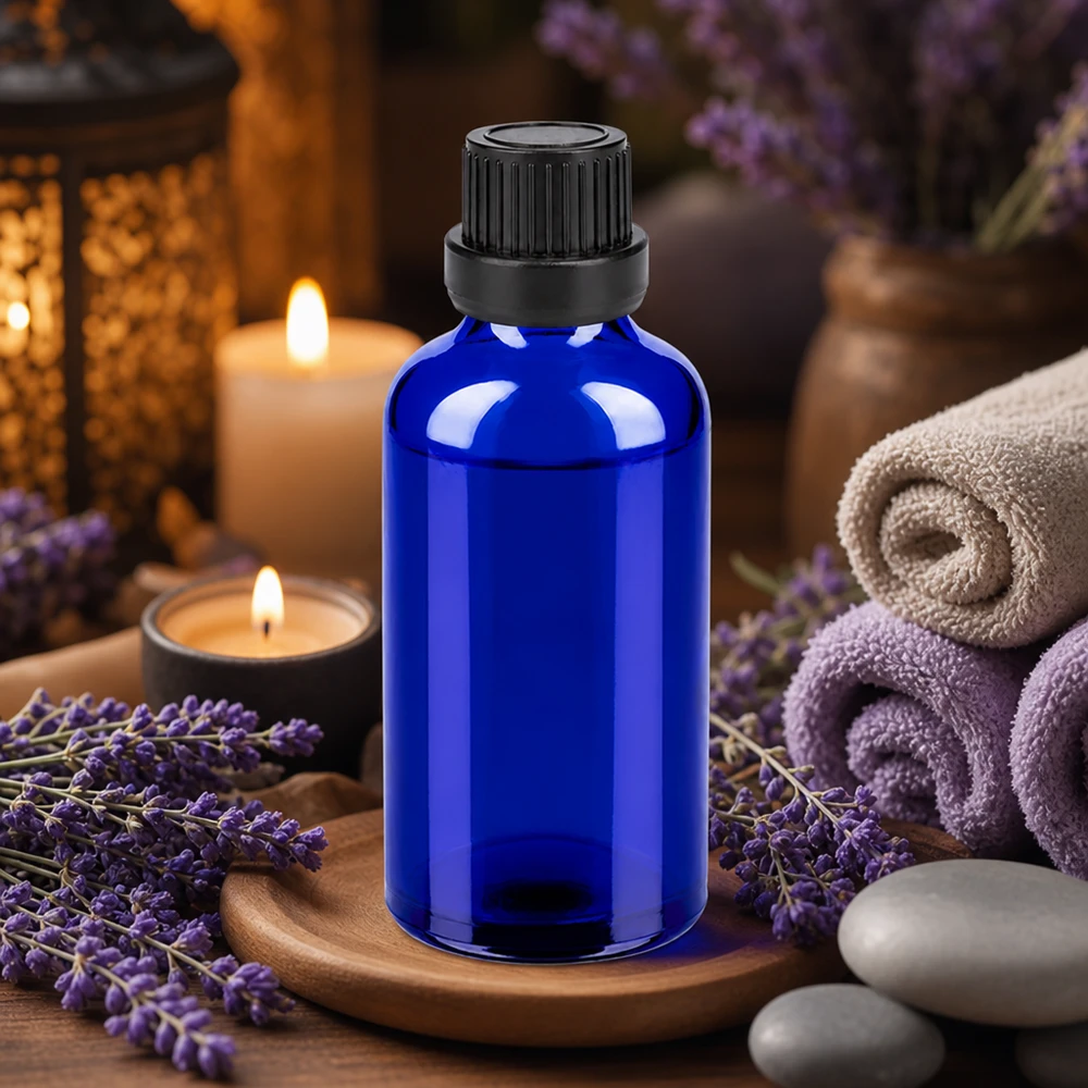 Butelka 50 ml 11 mm SV czarna OV BlueLine UT18/50 Wysokiej jakości szklana butelka o pojemności 50 ml w kolorze kobaltowego błękitu z czarną zakrętką do aromaterapii