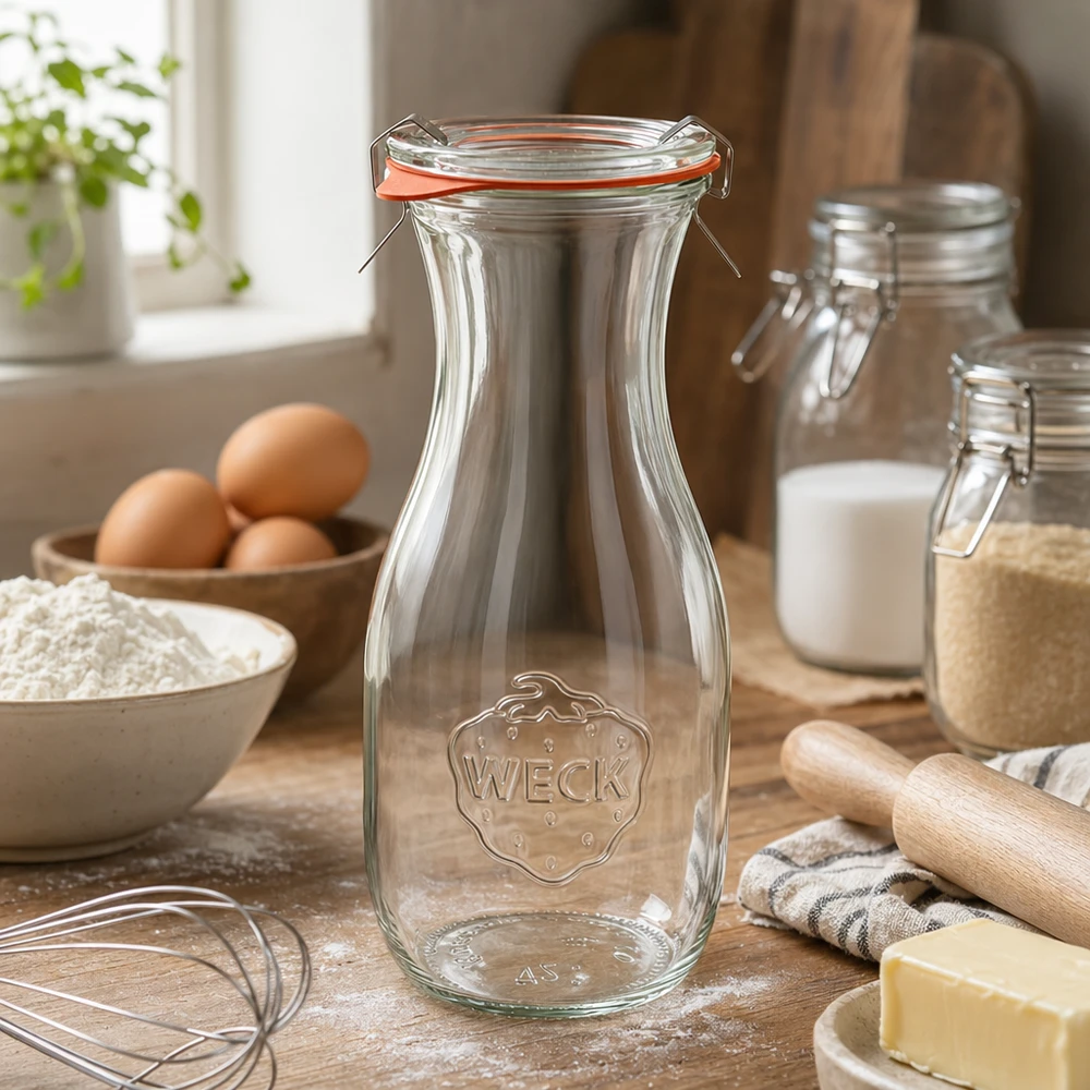 Butelka na sok WECK 530ml RR60 w środowisku kuchennym ze składnikami do pieczenia, jajkami, mąką i masłem na drewnianym blacie.