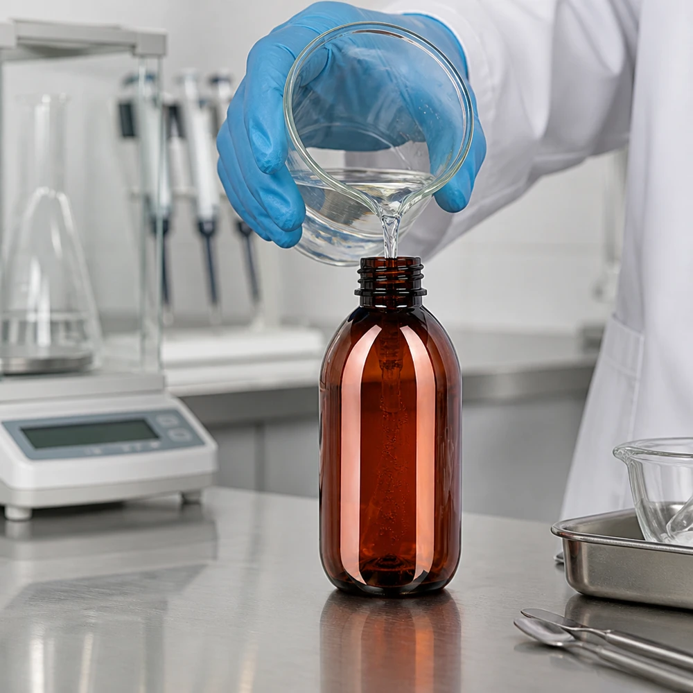 Butelka PET 250ml z pompką dozującą czarna Butelka apteczna o pojemności 250 ml, wykonana z PET w kolorze bursztynowym, z czarną pompką dozującą, przeznaczona do serum i olejków