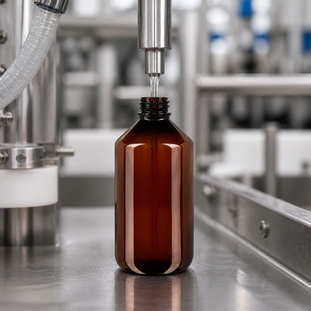 Butelka PET 500ml z atomizerem biała Pharmazeutische 500ml Braunglasflasche aus PET mit weissem Zerstäuber im Reinraum