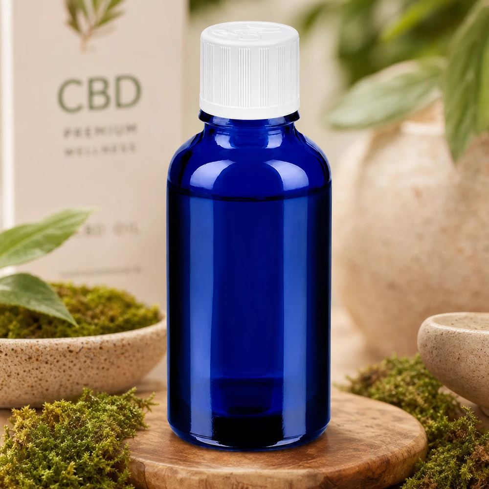 30 ml szklana butelka BlueLine z białą zakrętką do profesjonalnego pakowania produktów
