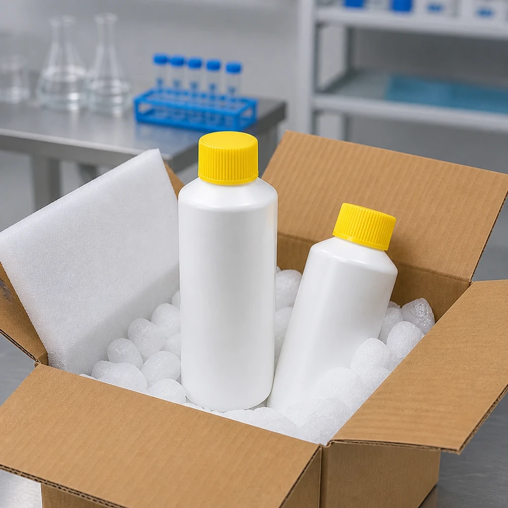 Dwie białe butelki apteczne z HDPE o pojemności 100 ml z żółtymi nakrętkami, bezpiecznie zapakowane w karton wysyłkowy