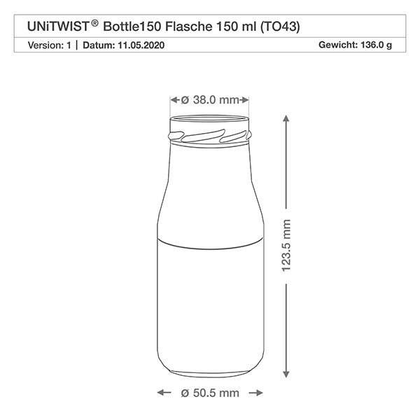 UNiTWIST Bottle150 - Zawartość butelki 150ml TO43 UNiTWIST Bottle150 szklana butelka 150ml TO43 o wymiarach 38mm średnica 123,5mm wysokość rysunek techniczny