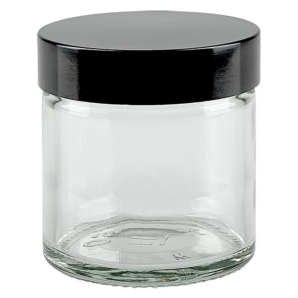 Przezroczysty szklany słoik o pojemności 60 ml z czarną bakelitową pokrywką ApoGlas. Farmaceutyczna jakość produkcji UE. Bezpieczny dla żywności. Elegancka prezentacja zawartości. Przezroczysty szklany słoik o pojemności 60 ml z czarną bakelitową pokrywką ApoGlas. Farmaceutyczna jakość produkcji UE. Bezpieczny dla żywności. Elegancka prezentacja zawartości.
