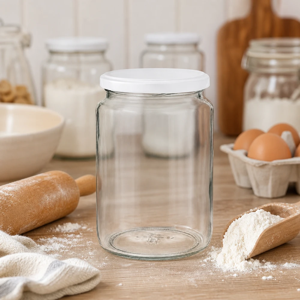 Słoik okrągły 795 ml z pokrywką BasicSeal biała UNiTWIST Okrągły słoik UNiTWIST o pojemności 795 ml w kuchennej scenerii ze składnikami do pieczenia ma wszechstronne zastosowanie jako słoik do przechowywania mąki.