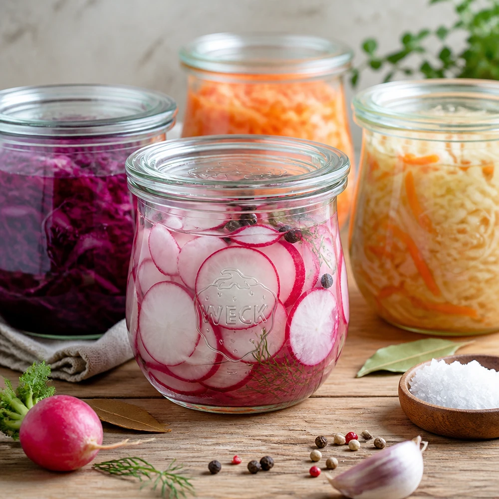 WECK słoik tulipan 370ml RR80 z kiszonymi rzodkiewkami i fermentowanymi warzywami na drewnianym stole z przyprawami
