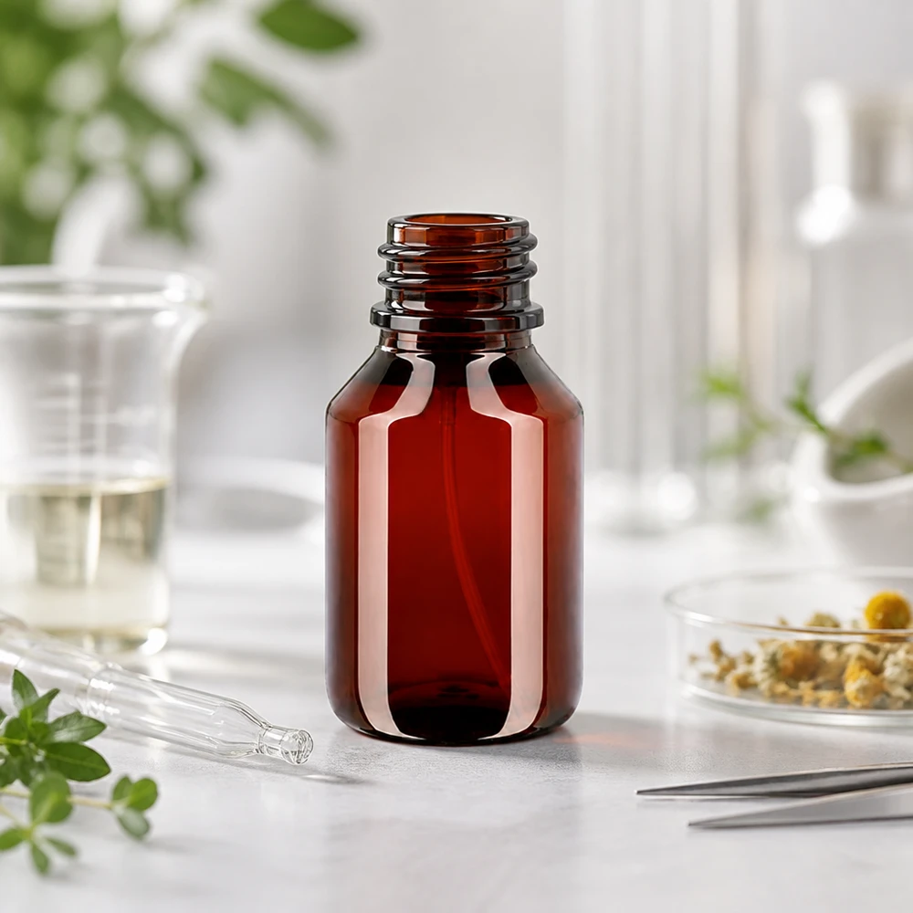 Butelka PET 50 ml z atomizerem czarna Offene 50ml PET Flasche mit breitem Schraubhals für Zerstäuber auf hellem Untergrund