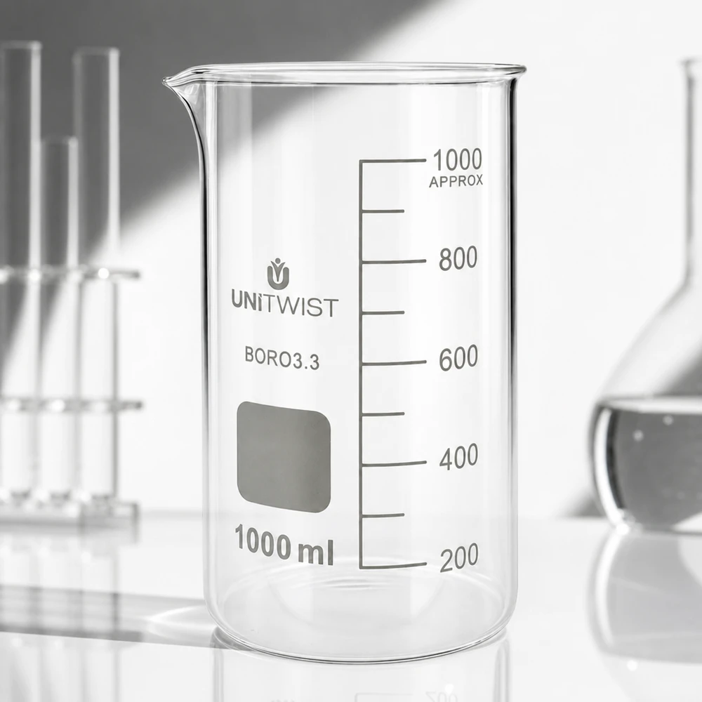 Szklanka UNITWIST o pojemności 1000 ml, wysoka, z borokrzemianu 3.3, przezroczysta, pusta, z podziałką na białym tle