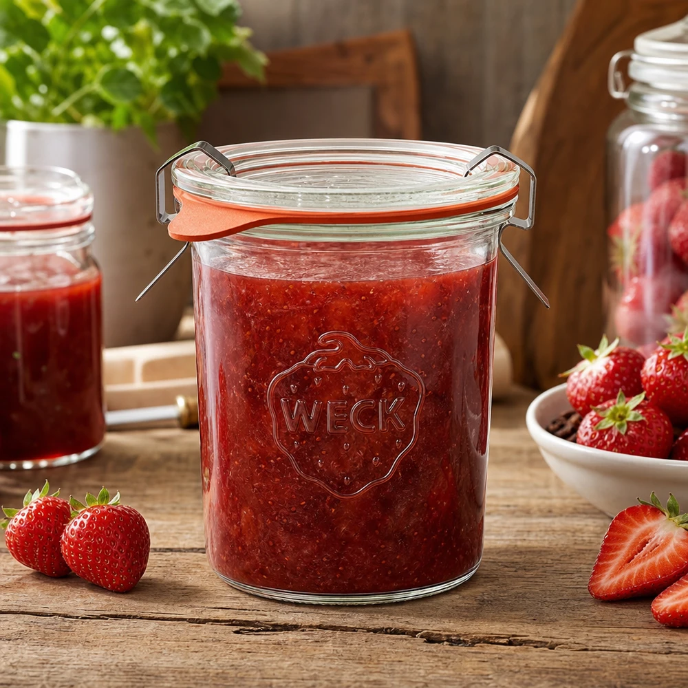Słoik do przetworów WECK 160ml wypełniony dżemem truskawkowym na drewnianym stole ze świeżymi truskawkami i kuchenną atmosferą