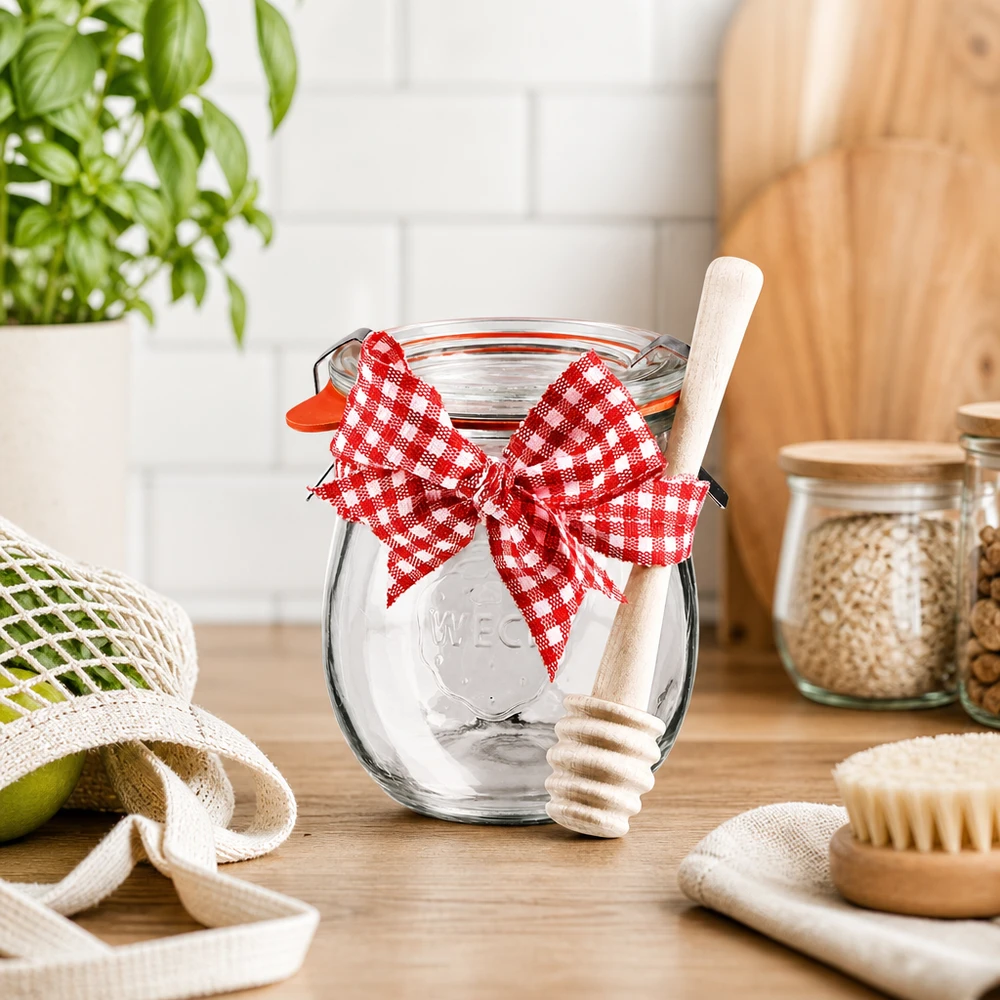 Mini słoik tulipanowy WECK 220 ml w komplecie z łyżeczką do miodu Słoik WECK mini tulipan 220ml w zrównoważonej kuchni z drewnianą łyżką do miodu, biało-czerwoną kokardką i ekologicznymi akcesoriami