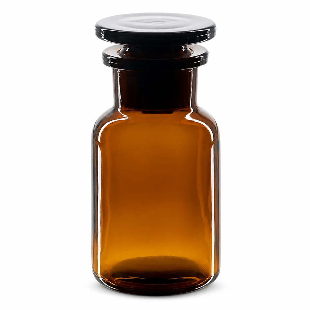 Brązowa butelka z zaokrąglonymi ramionami, pojemność 100 ml, z szklanym korkiem, z szeroką szyjką, przeznaczona do laboratoriów i aptek