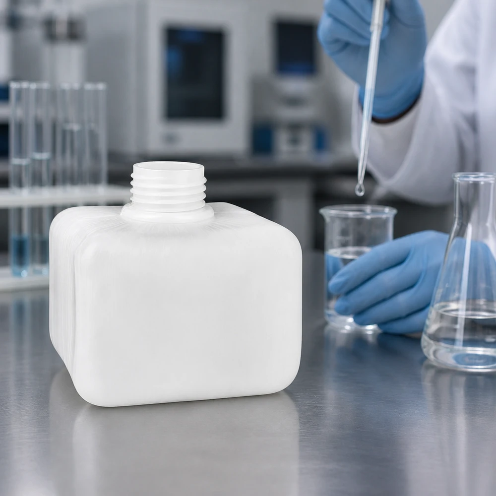 Butelka na chemikalia z PE-HD o pojemności 250 ml z gwintem śrubowym GL28 na blacie ze stali nierdzewnej w laboratorium