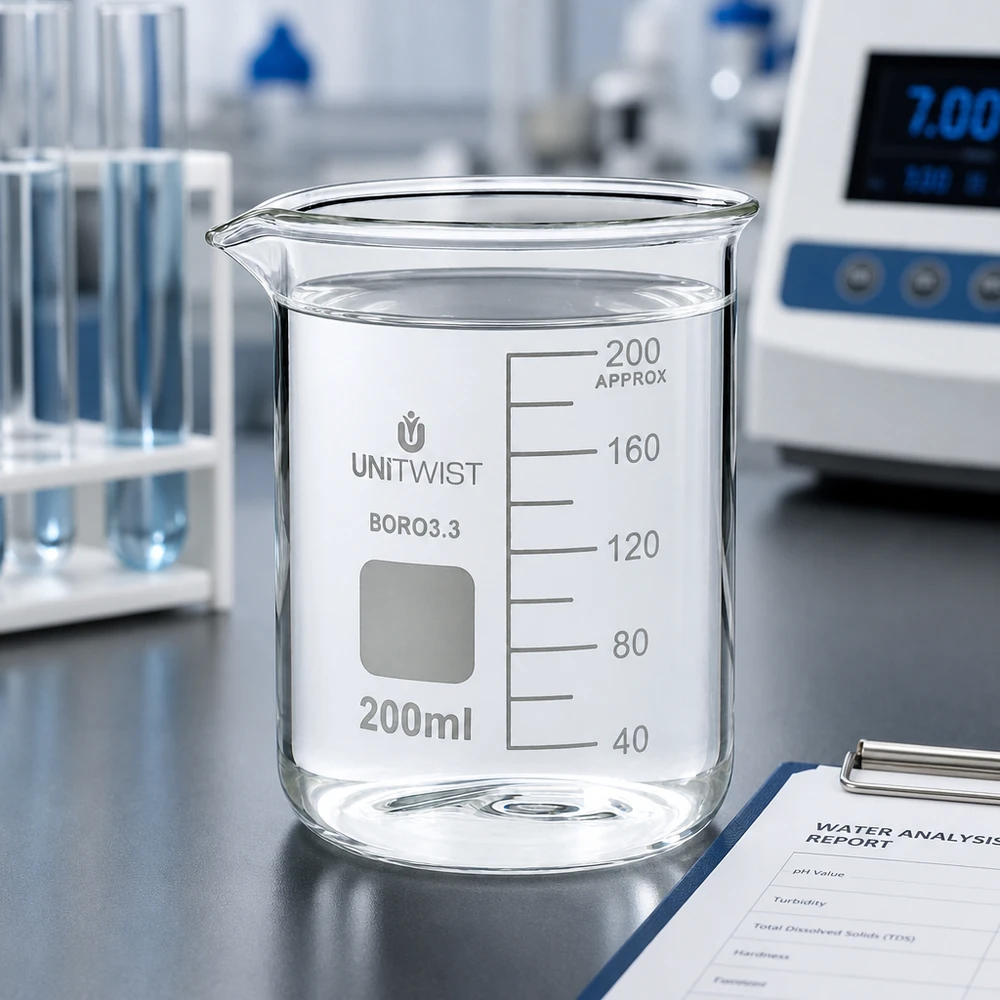Przezroczysta szklanka o pojemności 200 ml z borokrzemianu 3.3 firmy UNiTWIST wraz z raportem z analizy wody sporządzonym przez laboratorium badawcze