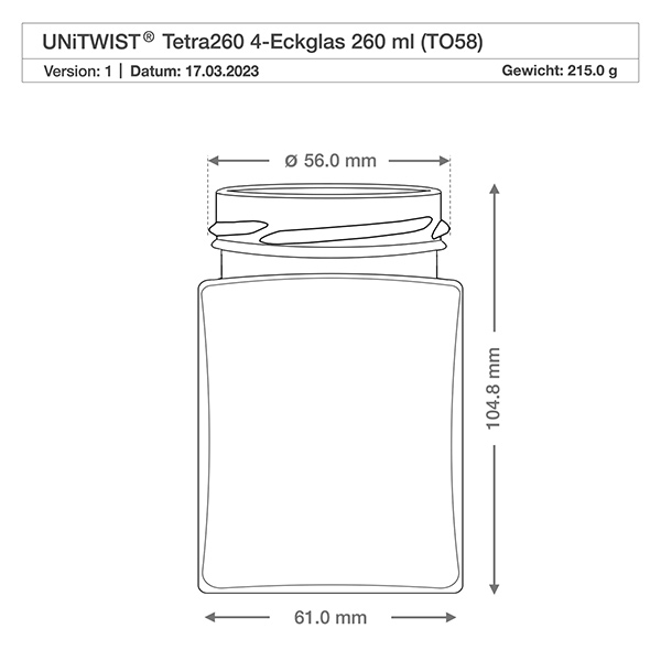 UNiTWIST Tetra260 - 4-kątny słoik o pojemności 260 ml TO58 UNiTWIST Tetra260 szklanka 4-komorowa 260ml TO58 rysunek techniczny o wymiarach 56mm średnica 104.8mm wysokość waga 215g