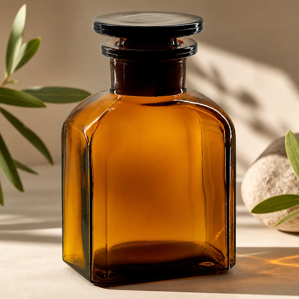 Kwadratowa butelka 150 ml z brązową szeroką szyjką i szklanym korkiem Butelka chroniąca przed światłem o pojemności 150 ml, kwadratowa, z szerokim otworem i korkiem, wykonana z brązowego szkła, przeznaczona do chemikaliów laboratoryjnych