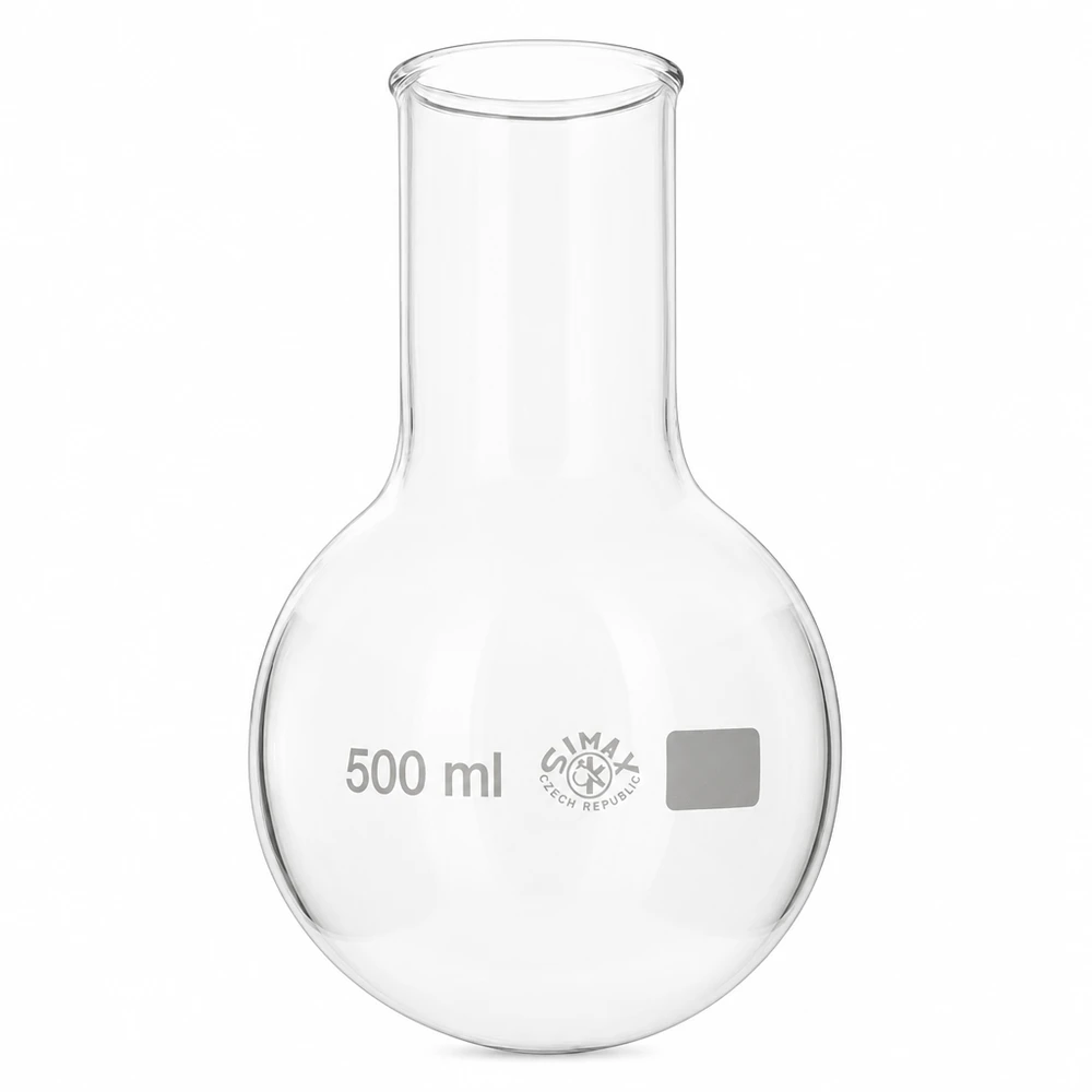 Kolba okrągłodenna z szeroką szyjką 500 ml Kolba okrągłodenna o pojemności 500 ml z szeroką szyjką wykonana z wysokiej jakości szkła borokrzemowego do użytku laboratoryjnego