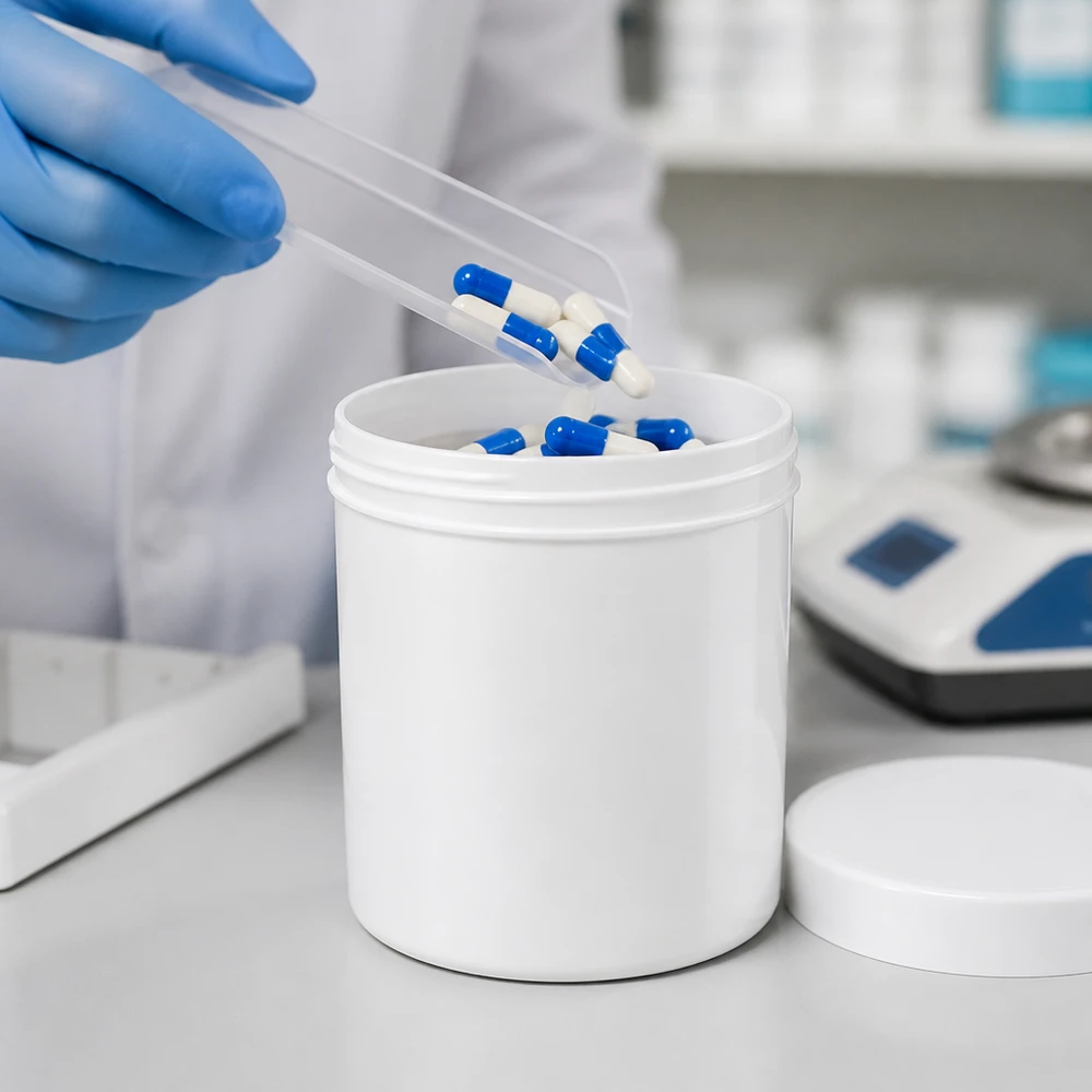 Słoik na maść 150g biały z białą zakrętką (PP) Farmaceutyczny słoik na maść 150 g, biały, z niebiesko-białymi kapsułkami i zakrętką z PP