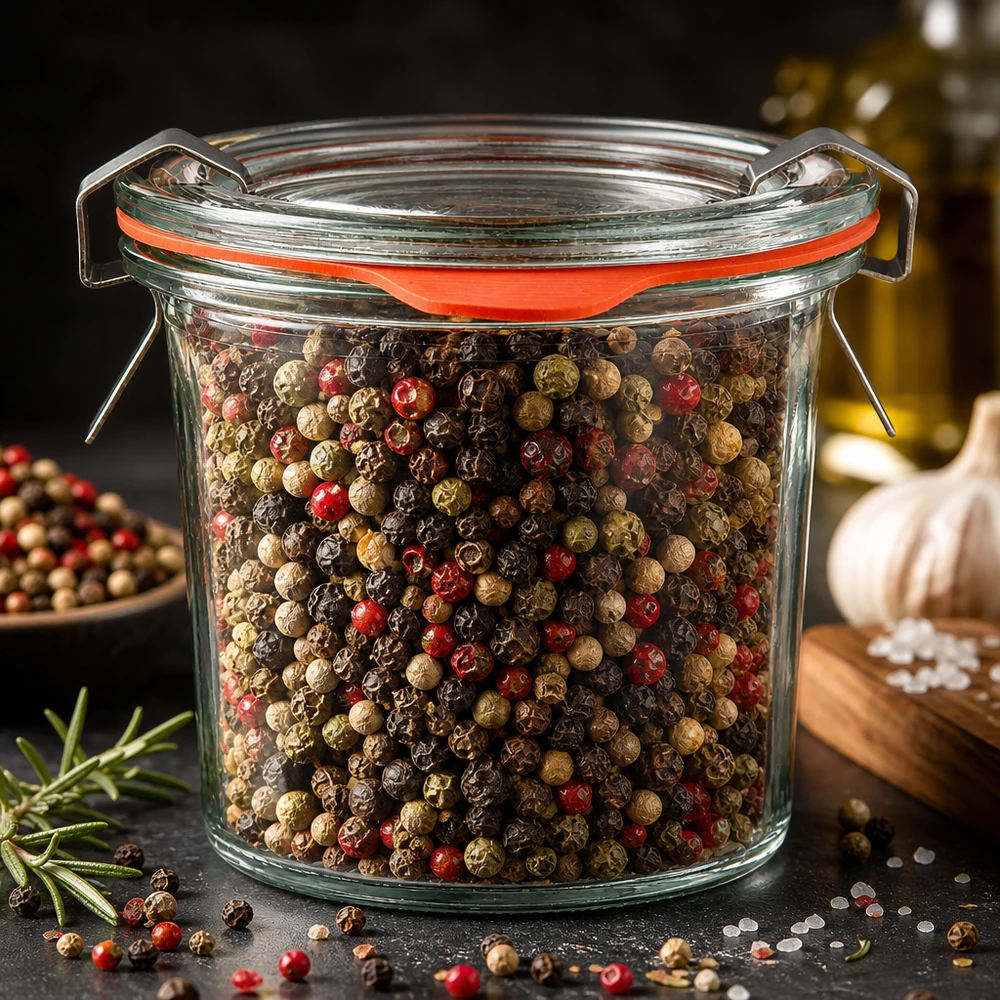 Słoik na przyprawy Pomysł: Mini słoik WECK 140 ml Słoiczek WECK Mini o pojemności 140 ml z kolorową mieszanką pieprzu (czarny, czerwony, zielony) i zamknięciem na zatrzask
