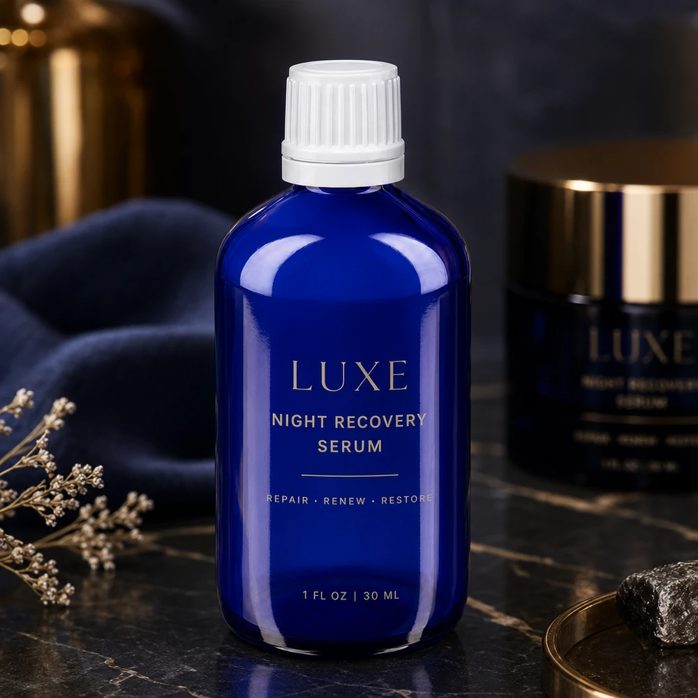 Butelka apteczna niebieska 100ml zakrętka biała OV Luksusowe serum kosmetyczne w kobaltowo-niebieskiej szklanej butelce aptecznej o pojemności 100 ml z białą zakrętką