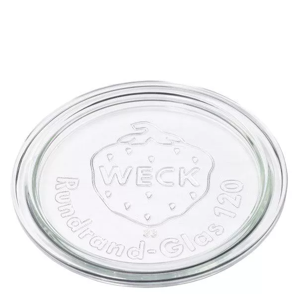 Szklana pokrywka WECK RR120 Pokrywa szklana WECK RR120 wykonana z przezroczystego szkła z wytłoczonym logo WECK i okrągłym napisem glass 120