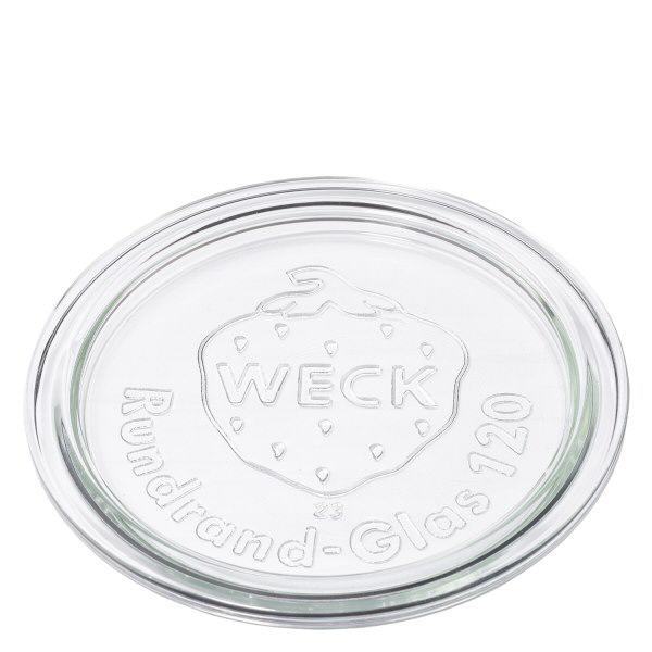 Szklana pokrywka WECK RR120 Pokrywa szklana WECK RR120 wykonana z przezroczystego szkła z wytłoczonym logo WECK i okrągłym napisem glass 120