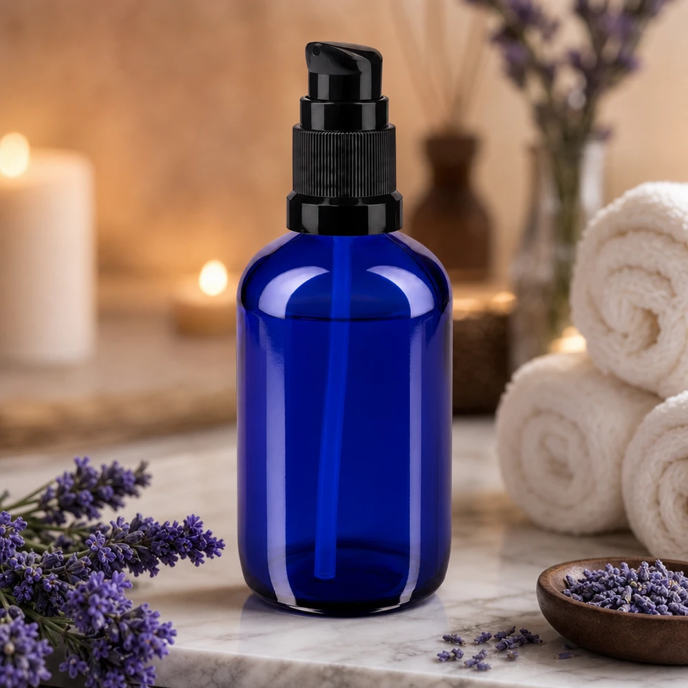 Butelka apteczna niebieska 100ml zakrętka z pompką czarna St Kobaltowo-niebieska butelka z pompką o pojemności 100 ml, wykonana ze szkła aptecznego, z czarnym dozownikiem na tle marmuru