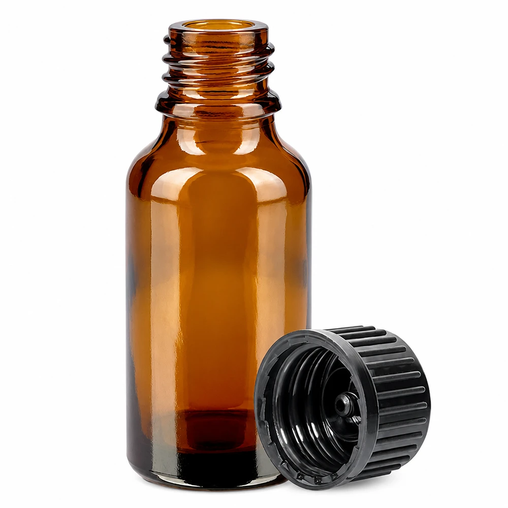 Butelka 20 ml, 11 mm SV, czarna STD BrownLine UT18/20 Mała buteleczka z bursztynowego szkła o pojemności 20 ml z prążkowaną czarną zakrętką na leki i krople
