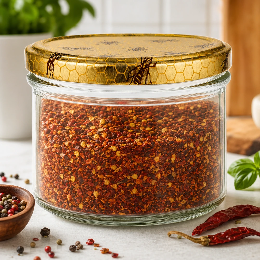 250g Honigglas mit Bienenwabe Deckel BasicSeal UNiTWIST Słoik miodu o pojemności 250 g z pokrywką w kształcie plastra miodu wypełniony przyprawami wraz z ziarnami pieprzu i suszoną papryczką chilli.