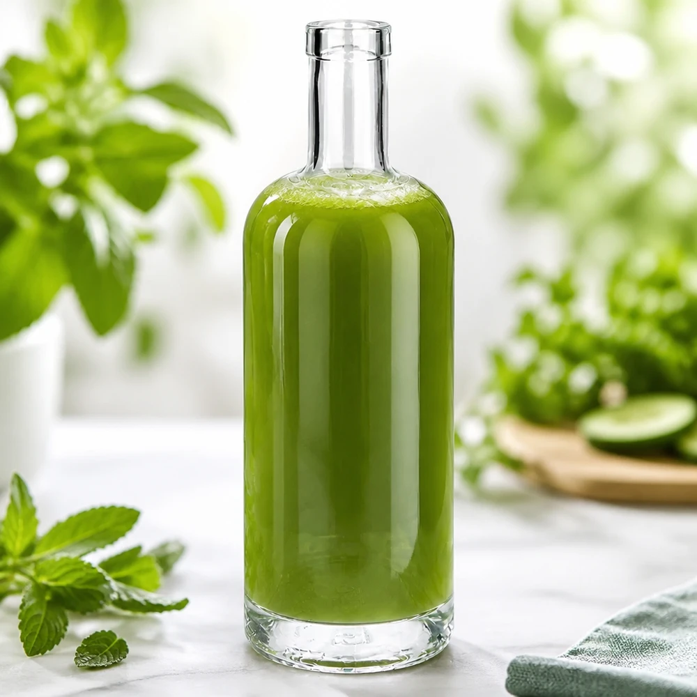 Szklana butelka Emma 750 ml wypełniona zieloną zawartością w naturalnym otoczeniu ozdobionym miętą i roślinami