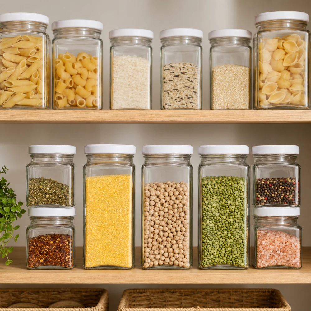 260 ml szklane opakowanie czworokątne z pokrywką BasicSeal w kolorze białym UN.. Słoiki tetra o pojemności 260 ml z białymi pokrywkami wypełnione makaronem, ryżem, zbożami i roślinami strączkowymi w zorganizowanej spiżarni.