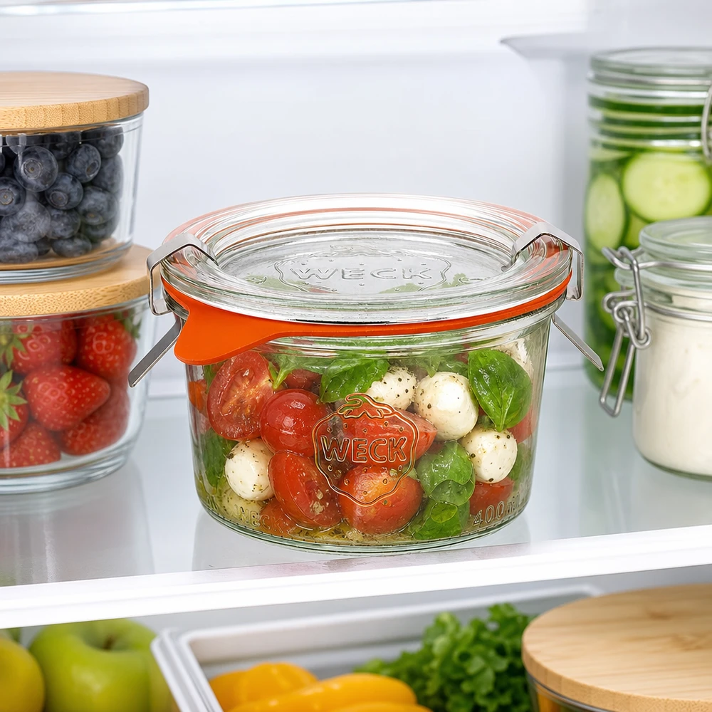 Słoik WECK 200 ml RR80 w lodówce wypełniony sałatką Caprese wraz z innymi słoikami z jagodami.