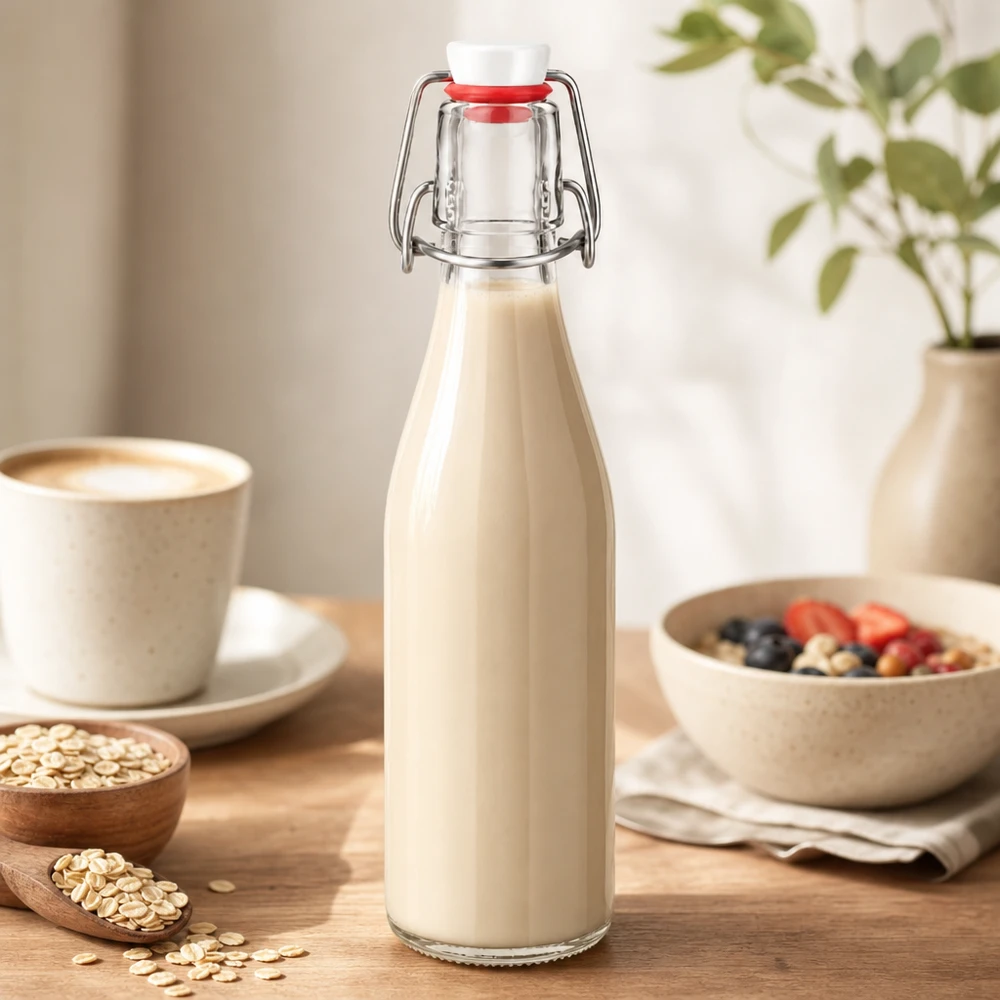 250ml Glasflasche mit Bügelverschluss gefüllt mit cremiger Hafermilch, perfekt für gesunde Ernährung und Frühstück