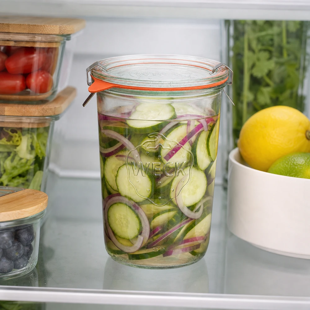 Kubki WECK RR100 850ml w lodówce z marynowanymi korniszonami i cebulą dla optymalnej świeżości żywności