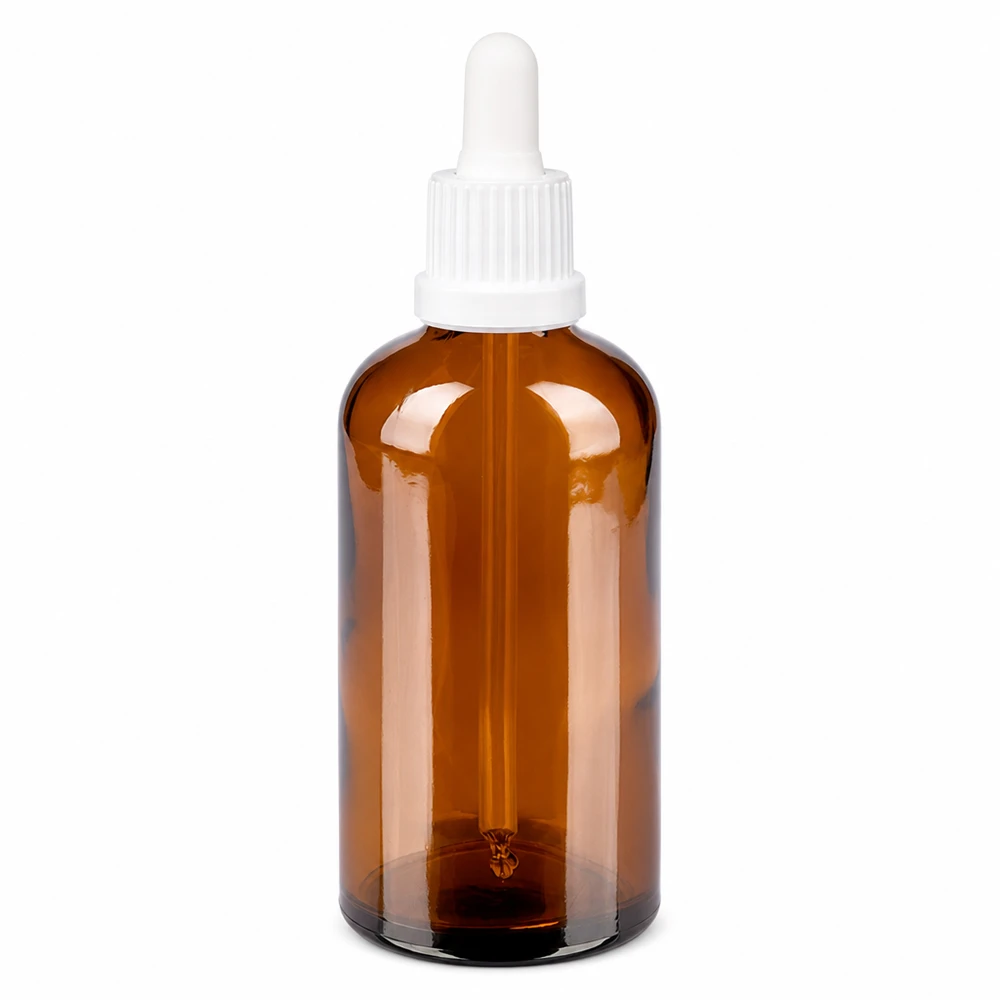 Butelka z pipetą o pojemności 100 ml wykonana z bursztynowego szkła z białą zakrętką umożliwiającą precyzyjne dozowanie.
