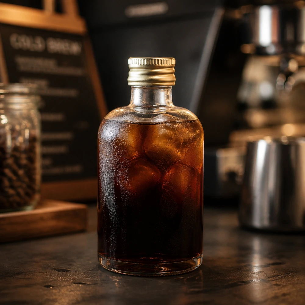 40ml Glasflasche Sara mit Cold Brew Kaffee gefüllt - goldener UNiTWIST Verschluss in stylischer Barista-Küche