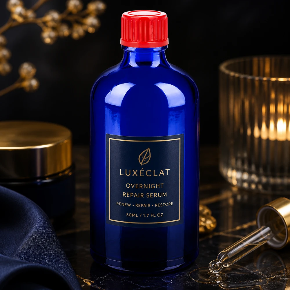Wysokiej jakości butelka 100 ml wykonana z chroniącego przed promieniowaniem UV niebieskiego szkła kobaltowego z czerwoną zakrętką 11 mm