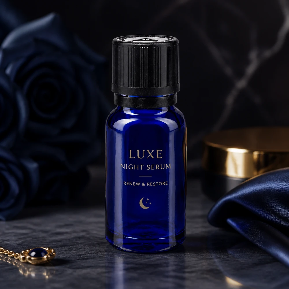 Luksusowe serum na noc w kobaltowo-niebieskiej buteleczce aptecznej o pojemności 10 ml z czarnym zakraplaczem, w nocnej oprawie